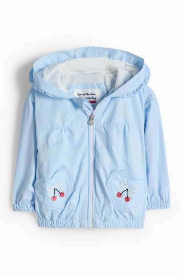 Baby Mädchen - Kirsche und Schleife - Baby-Jacke mit Kapuze - hellblau