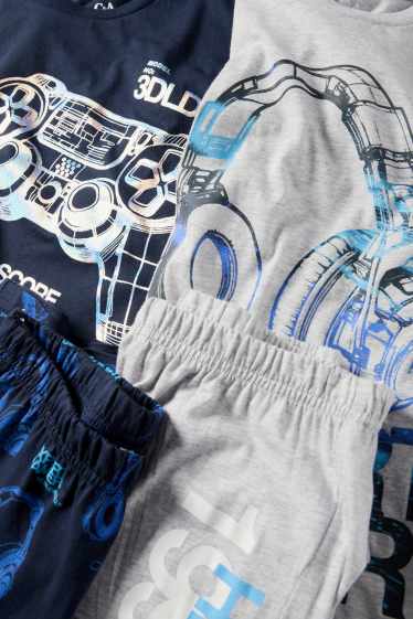 Děti - chlapci - Multipack 2 ks - gaming - letní pyžamo - 4 díly - světle šedá / tmavomodrá