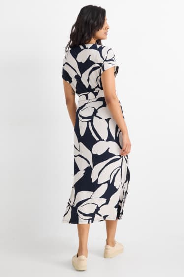 Femmes - Robe à ceinture - à fleurs - texturée - bleu  / beige