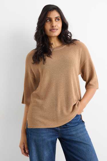 Dona - Jersei de punt de mitja - mànigues curtes - acanalat - efecte brillant - beix
