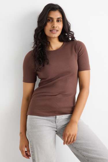 Dames - T-shirt - slim fit - ribstof - bruin