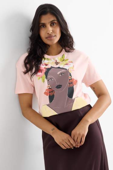 Damen - T-Shirt mit Strasssteinen - Relaxed Fit - rosa