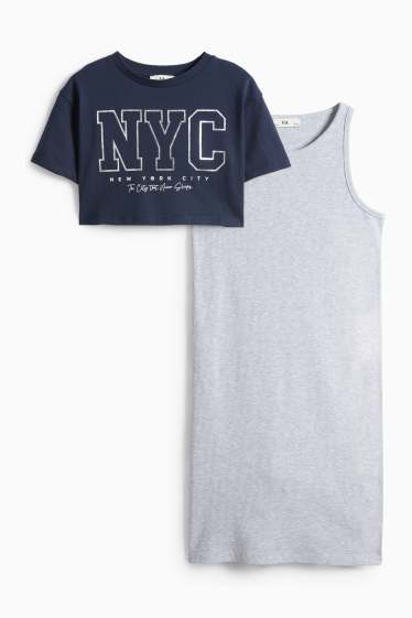 Kinder Mädchen - NYC - Set - Kurzarmshirt und Kleid - 2 teilig - Glanz-Effekt - hellgrau / dunkelblau