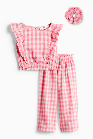 Bambine - Set - top, pantaloni in tessuto e scrunchie - 3 pezzi - a quadretti - bianco / fucsia