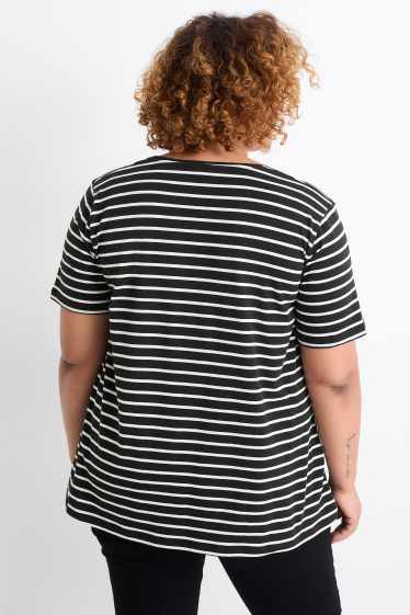 Donna - T-shirt con scollo a V - a righe - nero / bianco