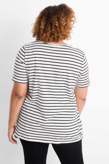 Donna - T-shirt con scollo a V - a righe - nero / bianco