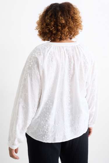 Dames - Blouse met V-hals - gebloemd - met structuur - wit