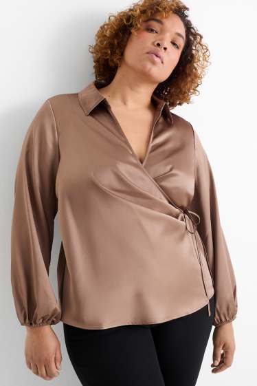Femmes - Chemisier portefeuille satin - marron
