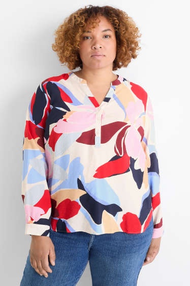 Mujer - Blusa con escote en pico - de flores - multicolor