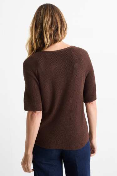 Femmes - Pull de maille - manches courtes - effet brillant - marron foncé