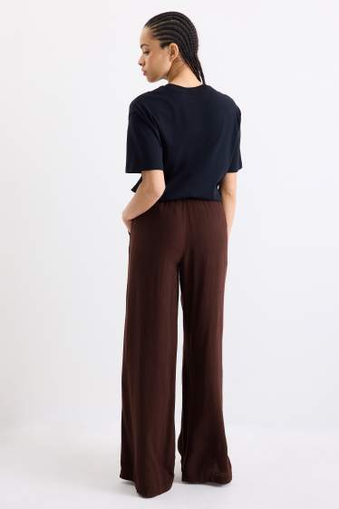 Damen - Stoffhose mit Leinen-Anteil - High Waist - Wide Leg - dunkelbraun
