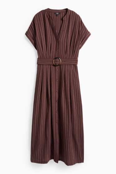 Damen - Blusenkleid mit V-Ausschnitt und Gürtel - Nadelstreifen - braun