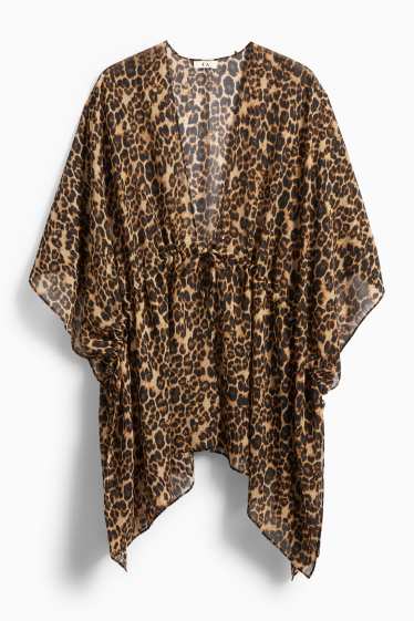 Women - Kimono - leopard print - textured - black / beige
