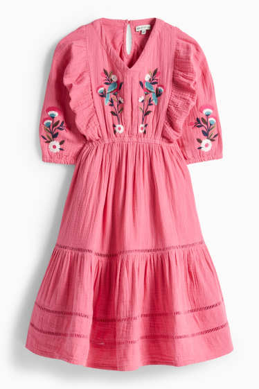 Children Girls - Floral - cheesecloth dress - pink