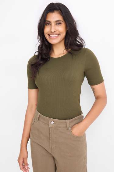 Dames - T-shirt - slim fit - ribstof - donkergroen