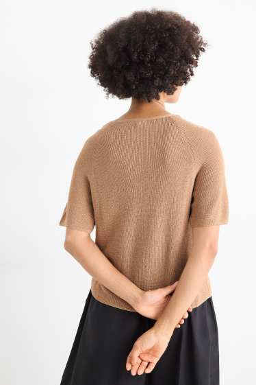 Damen - Strickpullover - kurzarm - Glanz-Effekt - hellbraun