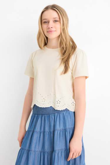 Kinder Mädchen - Kurzarmshirt - Broderie Anglaise - cremeweiss