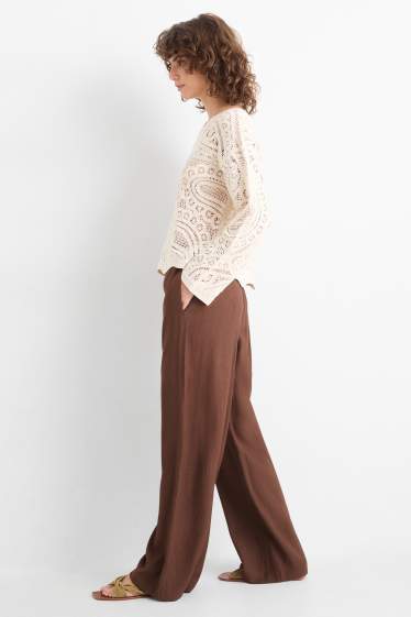 Femmes - Pantalon en toile - mid waist - wide leg - marron foncé