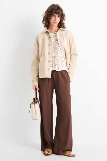 Femmes - Pantalon en toile - mid waist - wide leg - marron foncé