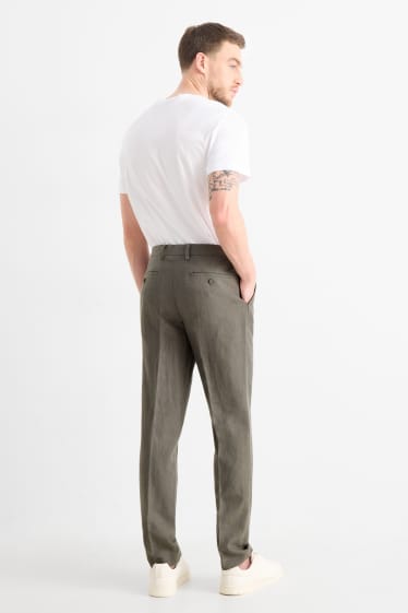 Pánské - Oblekové kalhoty - regular fit - lněná směs - tmavozelená