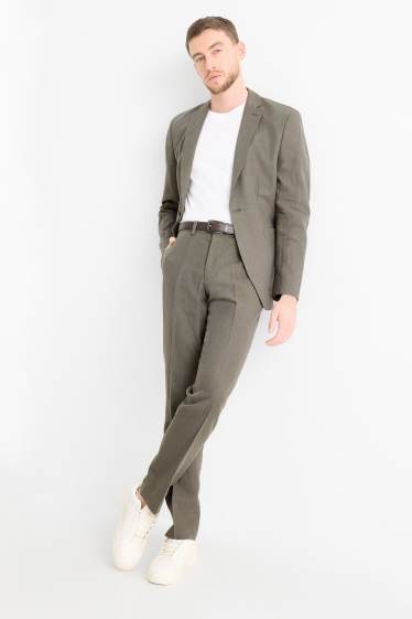 Pánské - Oblekové kalhoty - regular fit - lněná směs - tmavozelená