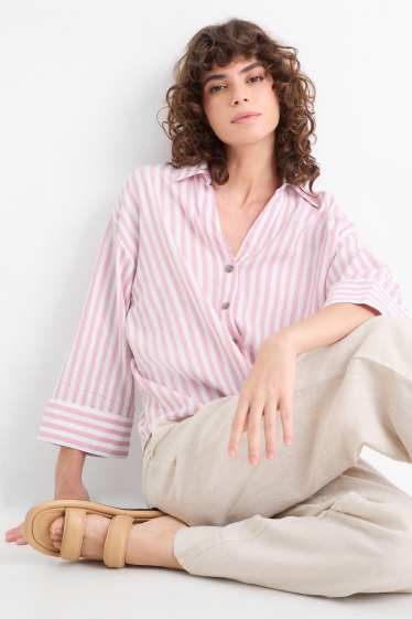 Women - V-neck blouse - linen blend - striped - white / rose