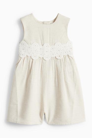 Miminka - dívky - Overal pro miminka s lněným podílem a háčkovanou aplikací - béžová