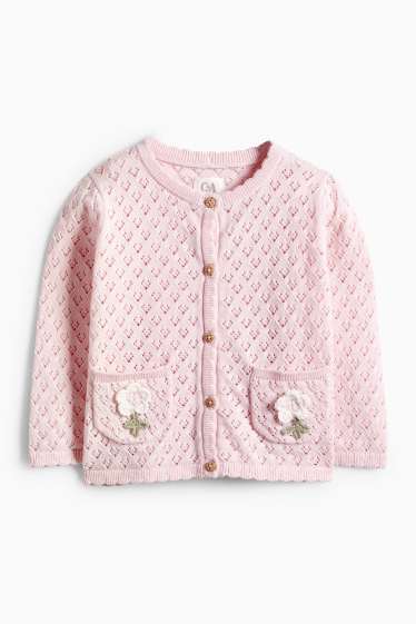 Miminka - dívky - Květiny - pletený kardigan pro miminka s háčkovanými aplikacemi - růžová