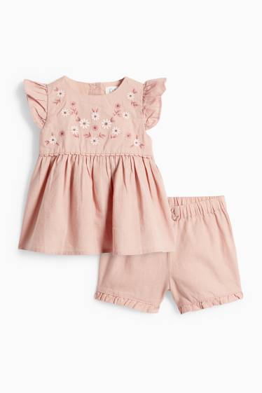 Bébés filles - Petites fleurs - tenue bébé en lin mélangé - 2 pièces - rose