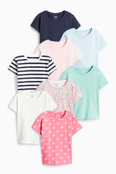 Kinder Mädchen - Multipack 8er - Herz und Blume - Kurzarmshirt - weiss / pink