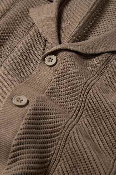 Men - Knitted shirt - regular fit - lapel collar - textured - dark brown