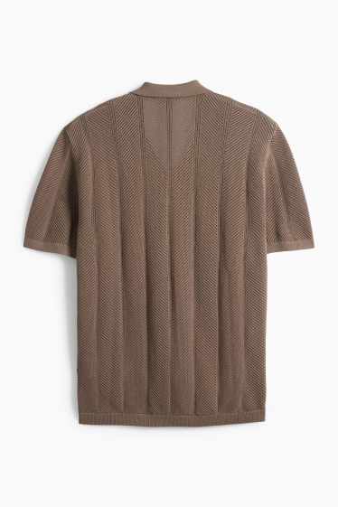 Men - Knitted shirt - regular fit - lapel collar - textured - dark brown