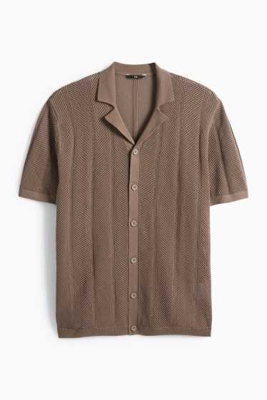 Men - Knitted shirt - regular fit - lapel collar - textured - dark brown