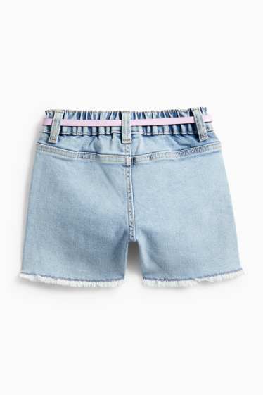 Kinder Mädchen - Blume - Jeans-Shorts mit Gürtel - rosa / hellblau
