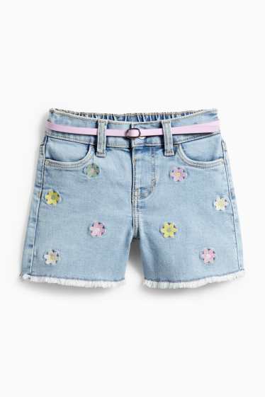 Kinder Mädchen - Blume - Jeans-Shorts mit Gürtel - rosa / hellblau