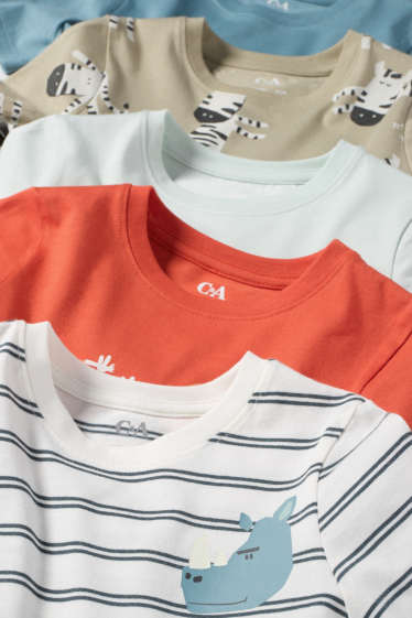 Kinder Buben - Multipack 5er - Zebra, Nashorn und Löwe - Kurzarmshirt - orange / blau