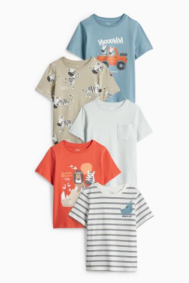 Kinder Buben - Multipack 5er - Zebra, Nashorn und Löwe - Kurzarmshirt - orange / blau