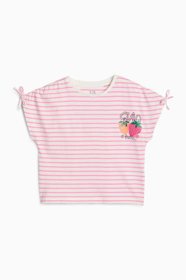 Kinder Mädchen - Erdbeere - Kurzarmshirt - gestreift - Glanz-Effekt - weiß / rosa