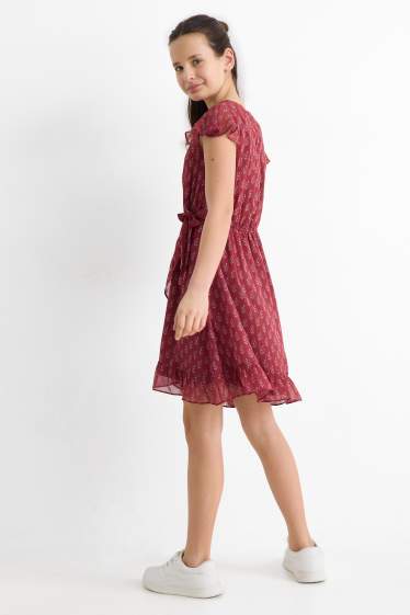 Copii - Fete - Floare - rochie - aspect lucios - roz închis