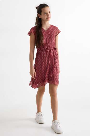 Copii - Fete - Floare - rochie - aspect lucios - roz închis