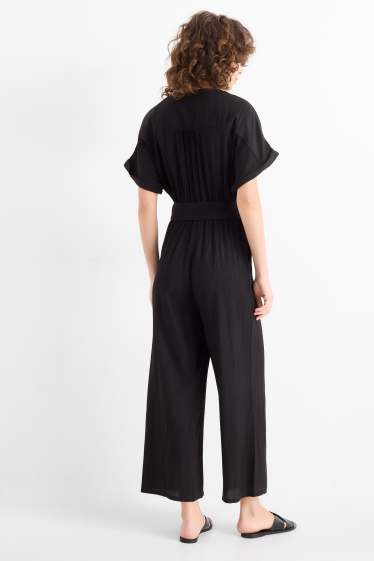 Donna - Tuta con cintura - tessuto tramato - nero