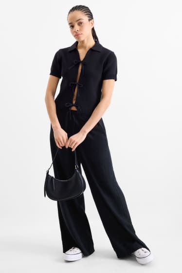 Women - Cloth trousers with linen content - mid-rise waist - loose fit - black