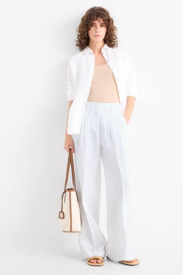 Women - Linen trousers - high waist - wide leg - white