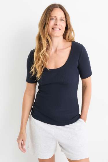 Femmes - T-shirt - regular fit - côtelé - bleu foncé