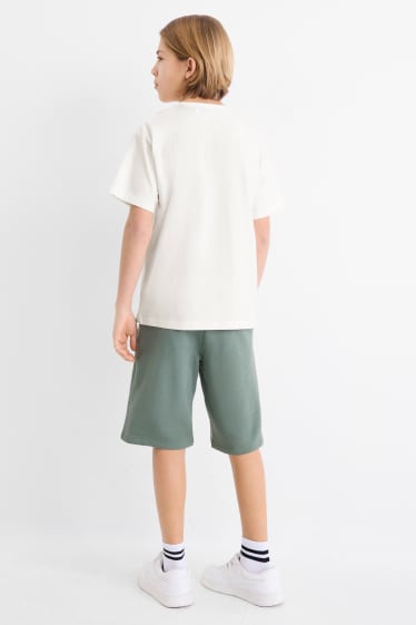 Kinder Jungen - Skateboard - Set - Kurzarmshirt und Sweatshorts - 2 teilig - weiss / grün