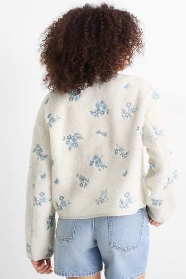 Femmes - Veste en peluche - à fleurs - blanc / bleu clair