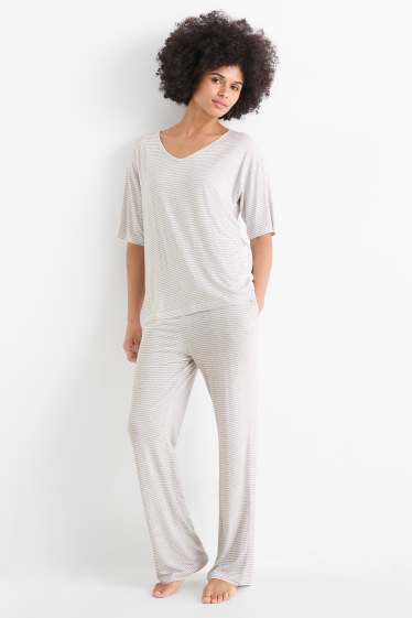 Dames - Pyjama van viscose - gestreept - lichtgrijs