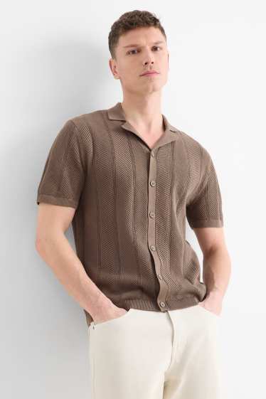 Men - Knitted shirt - regular fit - lapel collar - textured - dark brown