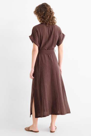 Damen - Blusenkleid mit V-Ausschnitt und Gürtel - Nadelstreifen - braun