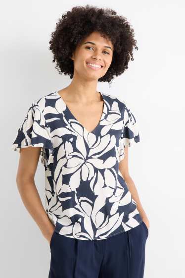 Women - V-neck blouse - floral - dark blue / creme white